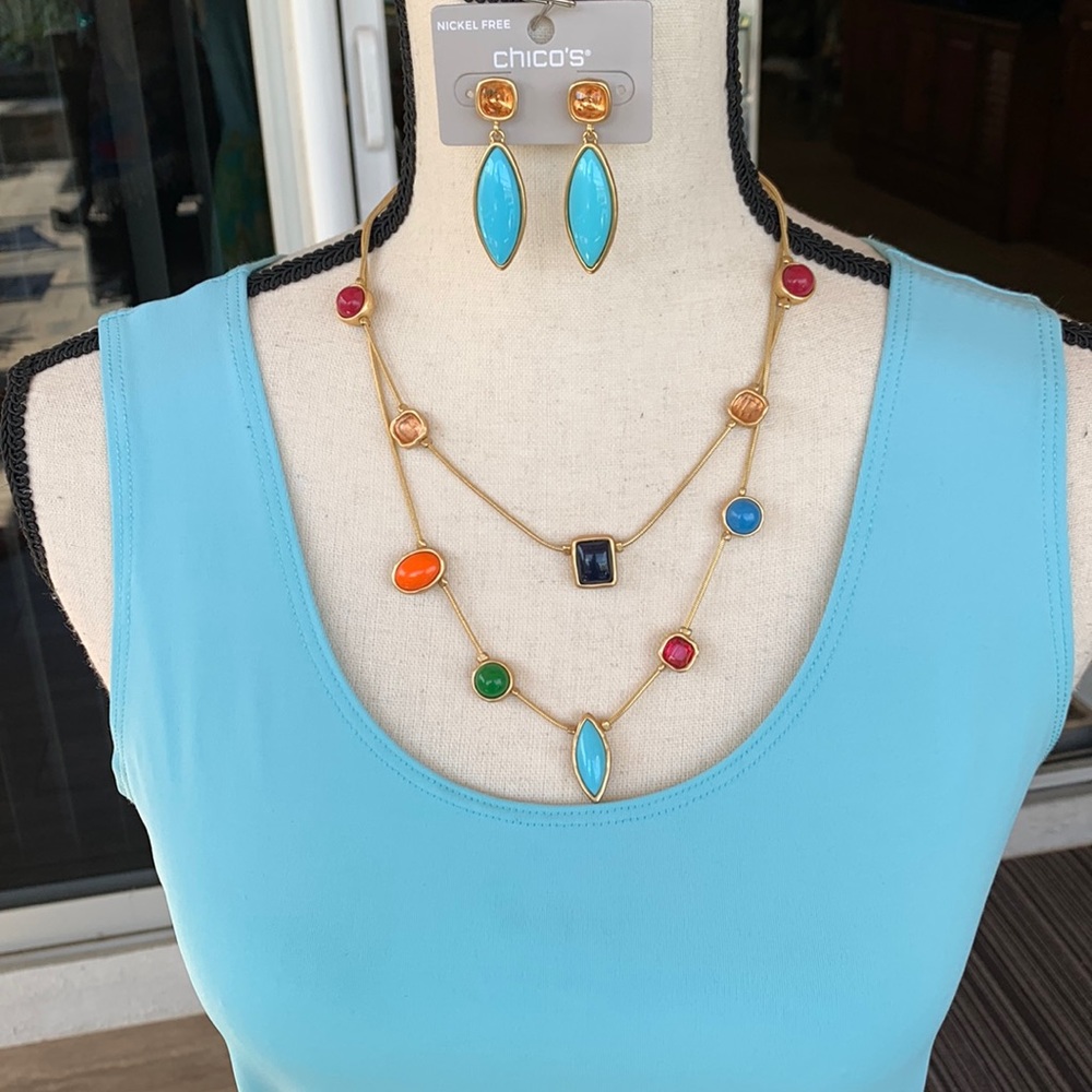 Chico's Gold Necklace Set with Vibrant Gem Accents